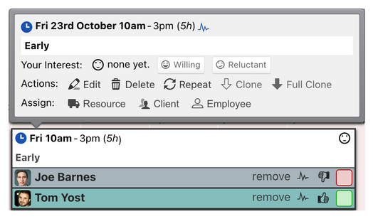 A shift on the schedule with its staff assigned