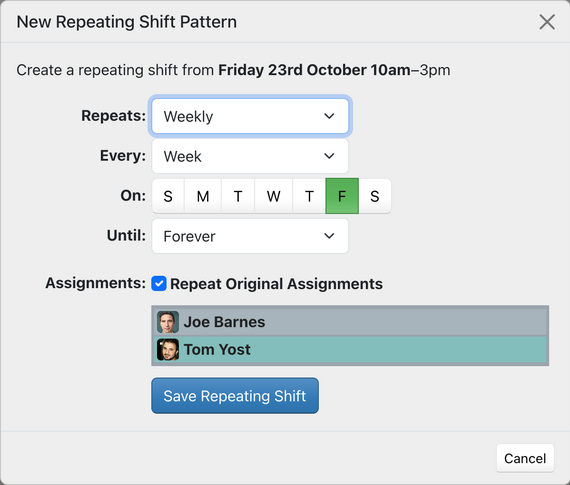 Setting a shift to repeat